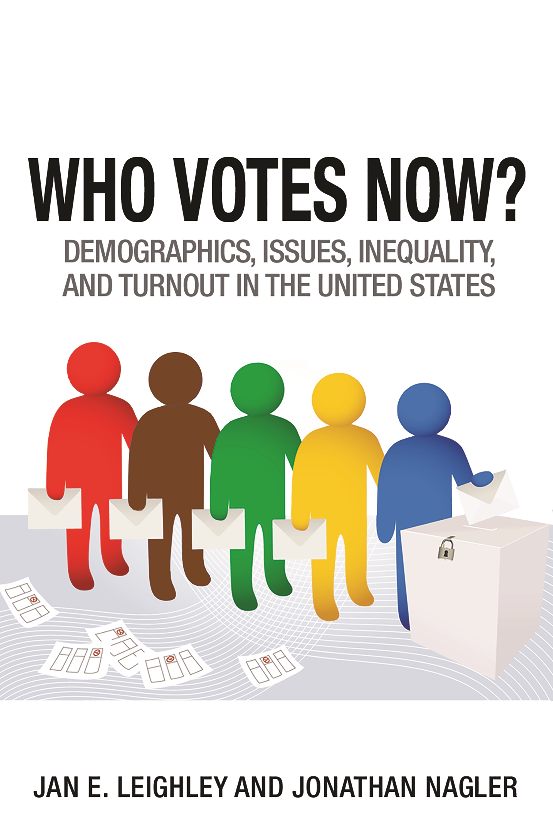 The cover of Who Votes Now?. There is a graphic of people holding ballots in line to vote. The people are different colors (red, brown, green, yellow, blue) and there are ballots on the ground. 