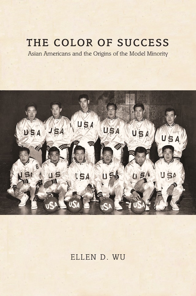 The cover of The Color of Success. There is a group photo of 12 Asian men wearing USA athletic jackets in the center. 